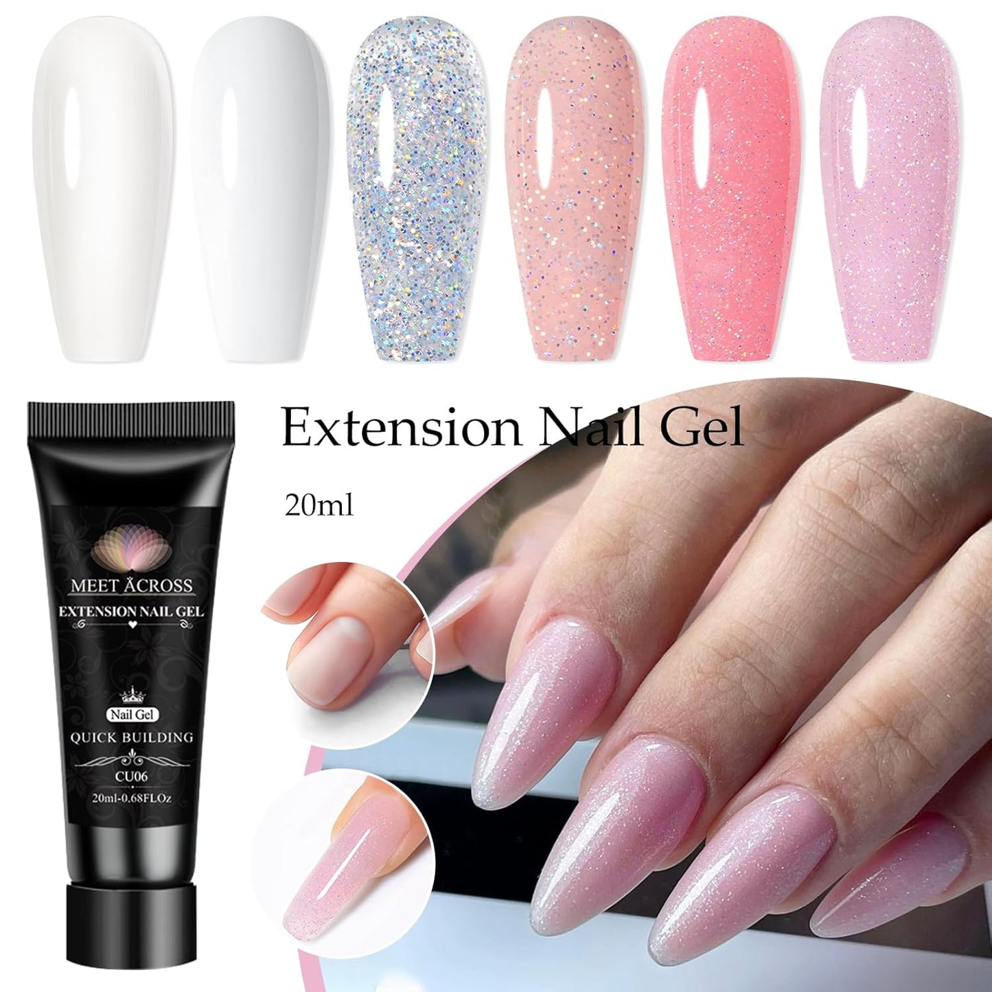 MEET ACROSS Poly Nail Gel Set - 6 Colors Glitter Extension Nails, Long Lasting, Shiny-looking, Strong Builder Enhancement for Salon Manicure DIY at Home 20ML Clear White Glitter Pink