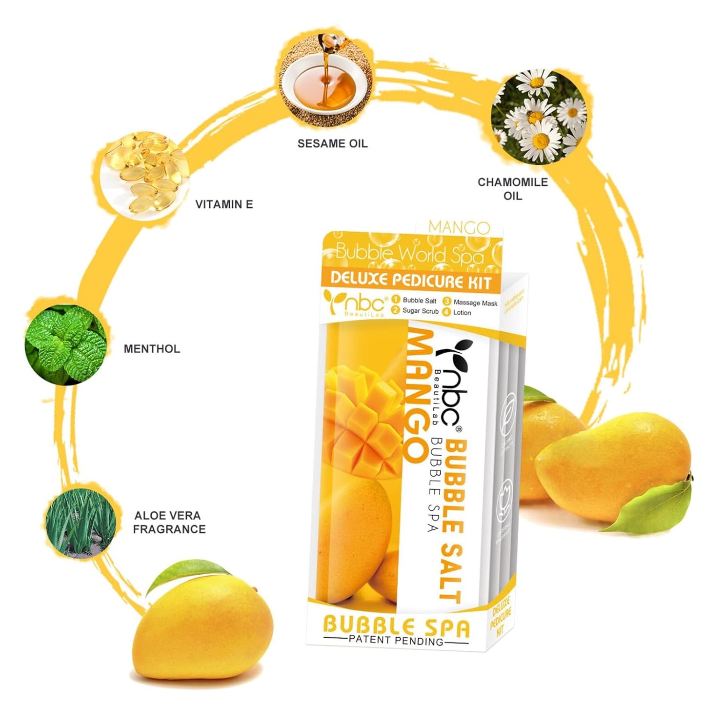 Pedicure Kit Foot Soak Set: Bubble Salt, Sugar Scrub, Massage Mask, Massage Lotion in a Box, 4 Step Foot Spa Kit for Dry Feet,Tired Feet （1 Set Mango)