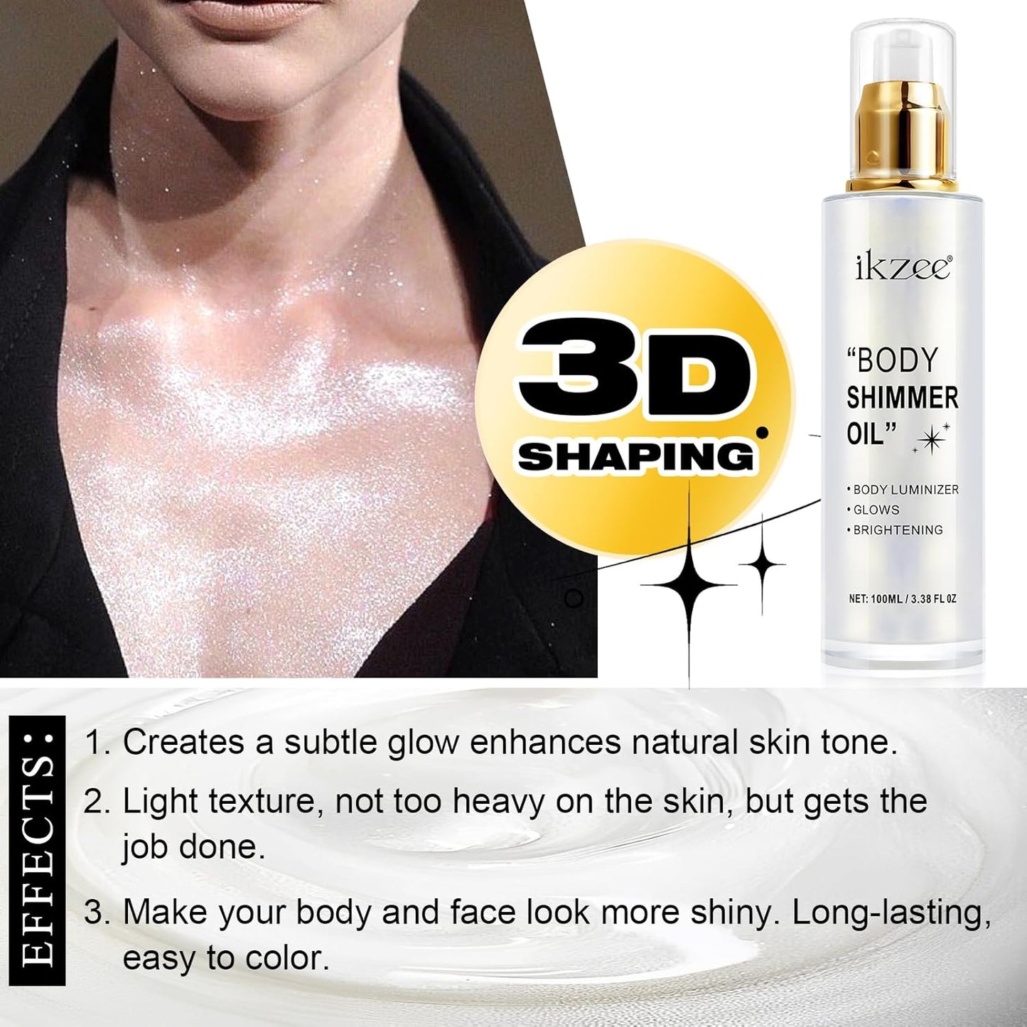 Body Glow Shimmer Oil 100ml, Moisturizing Long Lasting Face Brightener, Waterproof Liquid Illuminator, Highlighter for Summer Tanning (#01 Silver)