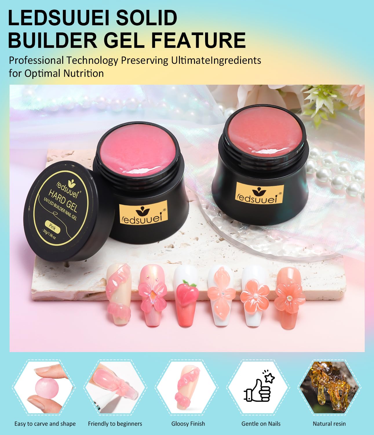 Solid Builder Gel for Nails LEDSUUEI - 2 Color Nude Pink 3D Nail Gel Sculpting Non-Sticky Hand Carving Glue Extension for Manicure Salon Home Decoration DIY 20g