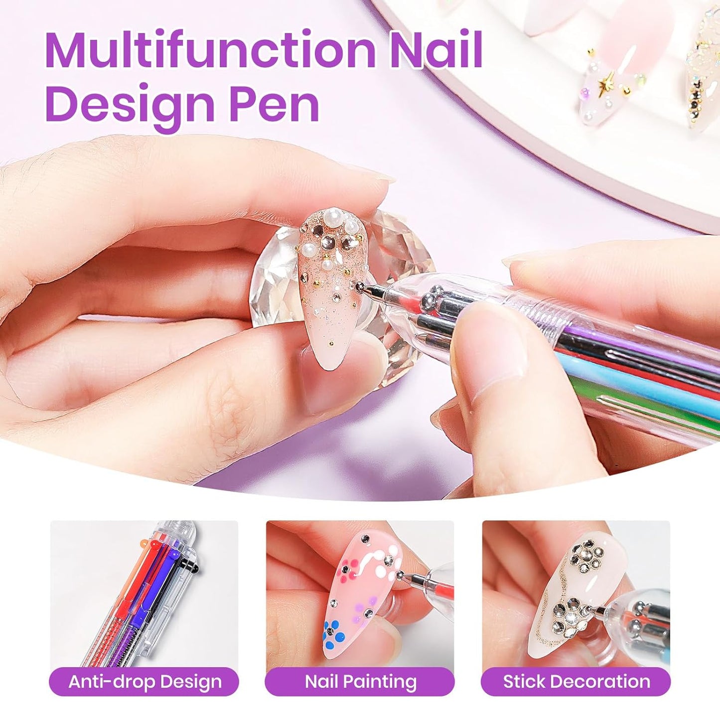 15g Rhinestone Nail Glue Set with 6 in 1 Nail Dotting Pen & Nail Gems and Charms, Super Strong, Gel Nail Glue, for Gems and Jewels Decoration, 3D Nail Art Gel, Gifts for Women Girls