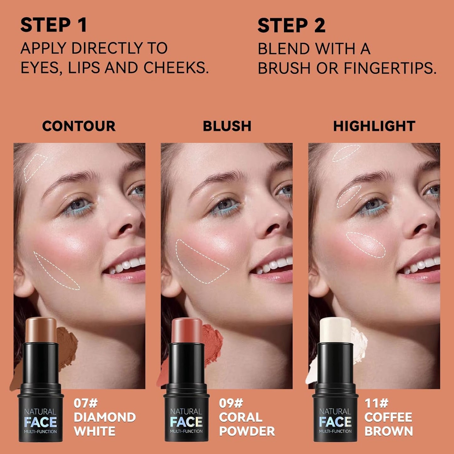 3Pcs Cream Contour Stick Makeup Kit, Shades with Highlighter, Blush and Bronzer Contour Stick for Sculpt the Cheeks, Long Lasting, Waterproof, Matte & Dewy Finish FAIR(7+9+11)