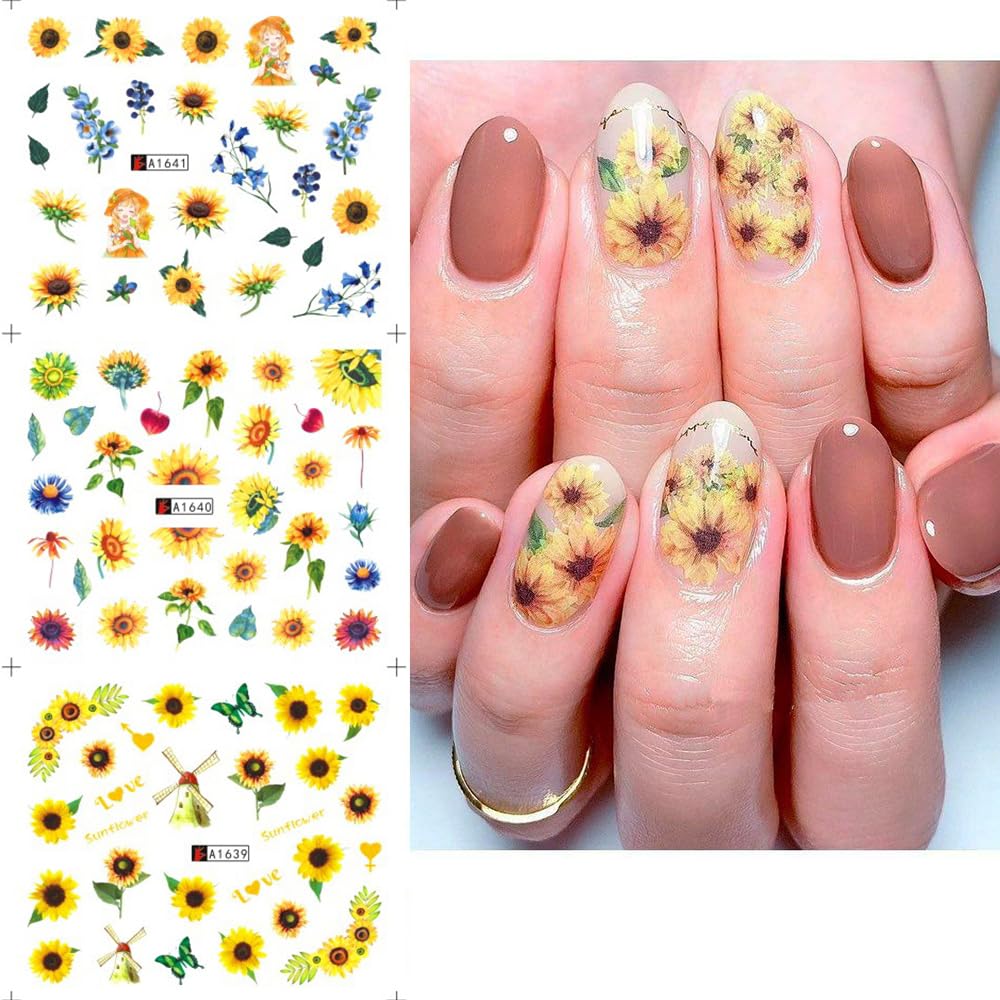 Sunflower Nail Stickers Decals Spring Summer Nail Art Water Transfer Floral Butterfly Honeybee Yellow Flower Supplies Cute Accessories for Women Girls 12Pcs