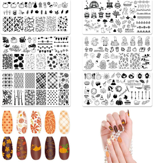 ALIBBON 6 Pcs Fall Nail Stamping Plates Set, Leaves Background Nail Art Stamp Templates, Pumpkin Gnome Stamp Templates Kit, Happy Thanksgiving Day Metal Nail Plates for DIY Printing Decor 4.7×2.4"