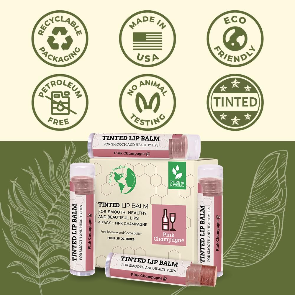 Earth's Daughter Tinted Lip Balm 4-Pack of Pink Champagne Color - Beeswax, Coconut Oil, Cocoa Butter, Vitamin - Moisturize and Beautify - Paraben Free