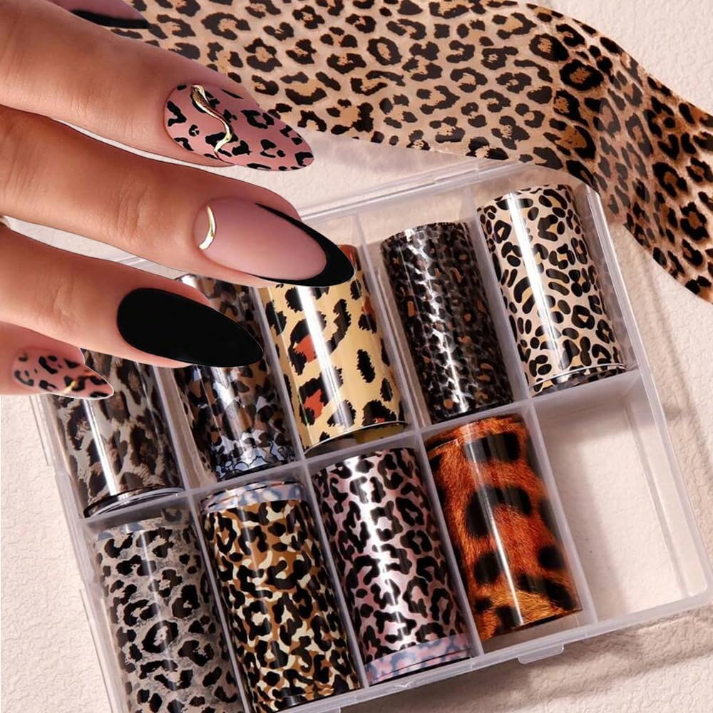 Leopard Print Nail Art Foils Transfer Stickers 10Pcs Leopard Snake Print Nail Foils Adhesive Decals Nail Supplies Laser Starry Sky Paper Manicure Accessories for Women Fall Nail Art Decorations