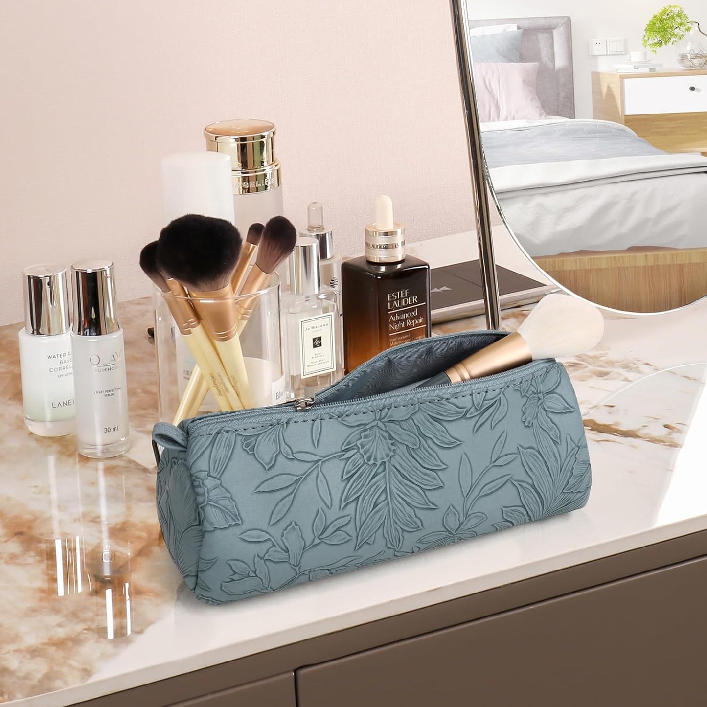 2pcs Set PU Leather Cosmetic Bag for Women - Floral Makeup Bag Portable Storage Purse for Makeup (Z-Blue-2 Case)