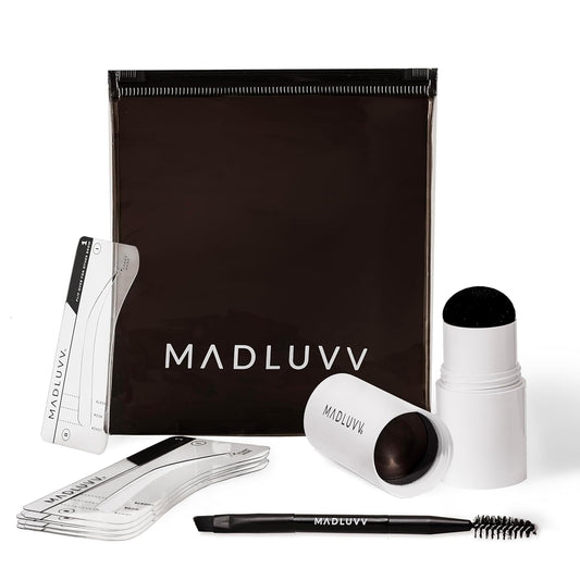 MADLUVV Brow Stamp Kit with Brow Stencils – Easy Eyebrow Shaper for Natural-Looking Brows – Popular Eyebrow Stencil Kit Used by Professionals – 9 Shapes, Spoolie, Travel Bag & Stamp (Nearly Black)