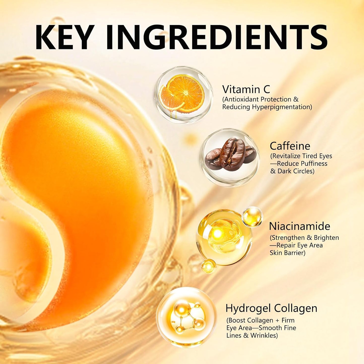 Under Eye Patches with Vitamin C & Caffeine 30 Pairs for Dark Circles, Fine Lines and Puffiness, with Niacinamide Hydra-Gel Collagen, Skin Care for Men & Women