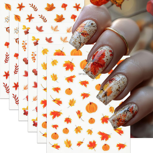 6 Sheets Autumn Nail Art Stickers Fall Maple Leaves Nail Stickers 3D Self-Adhesive Thanksgiving