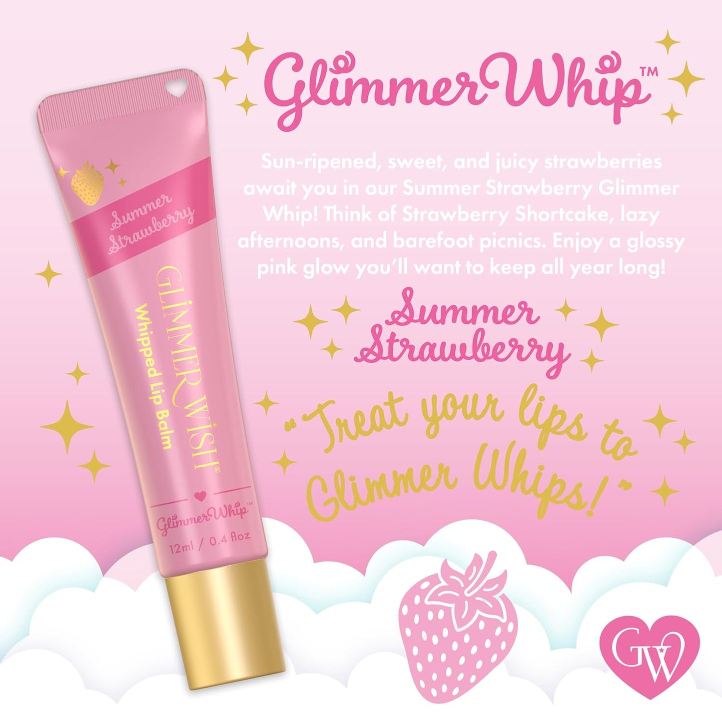 Glimmer Wish Glimmer Whip Hydrating Lip Balm – Organic Castor & Jojoba Oils, Shea & Cocoa Butters – Vegan, Non-Toxic, Moisturizing Lip Care (Summer Strawberry)