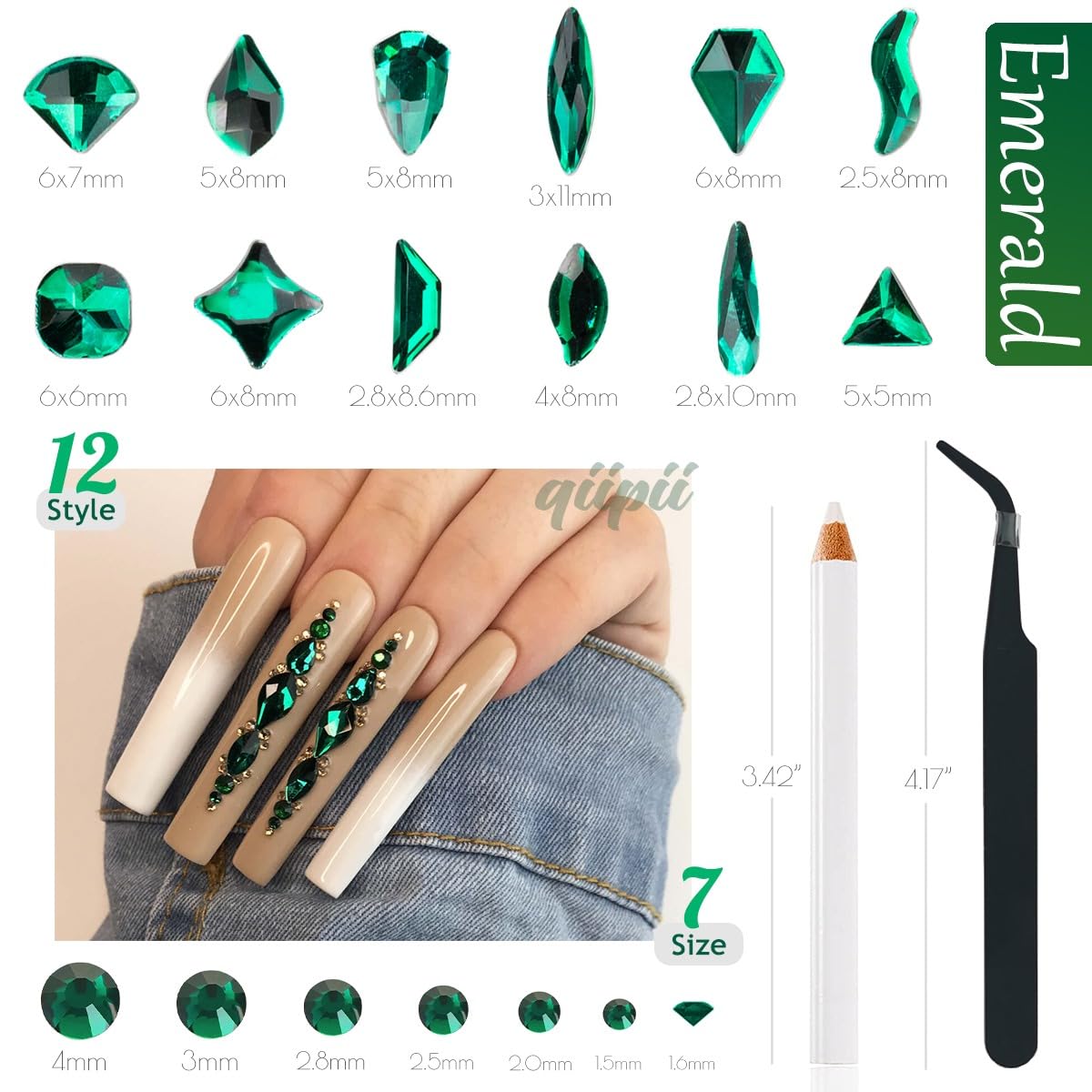 Emerald Green Nail Rhinestones Multi Shapes Flatback Green Crystals Gems Round Beads K9 Glass Stones Diamonds jewels Nail Art Supplies Nail Charms for Nails Faces Eyes Makeup Crafts DIY