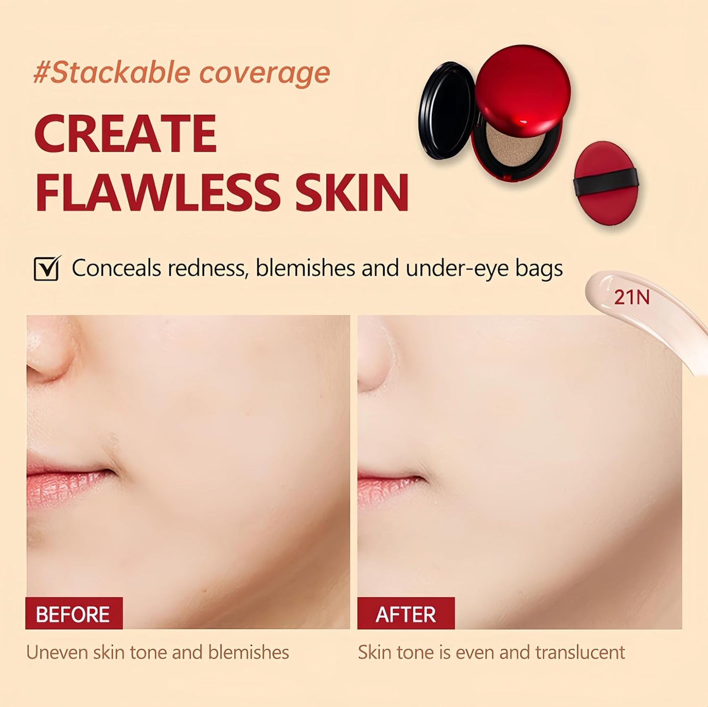 MAEPEOR Cushion Foundation 9 Colors Full Coverage Weightless Satin Glow Foundation Hydrating Long-Lasting Cushion BB Cream (Color 09)