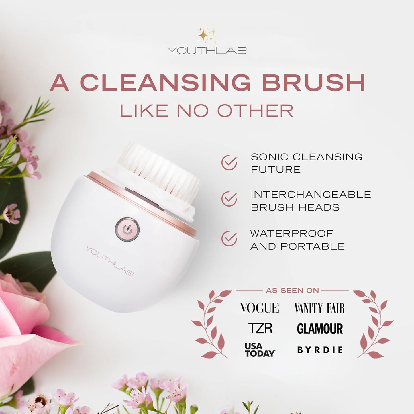 YouthLab Pure Radiance, Vibrating Facial Cleansing Brush, Electric, 3 Modes, 3 Brush Heads (2 Bristle,1 Silicone), Waterproof, Rechargeable, Smart Timer, Exfoliating, Massage (Rose Gold)