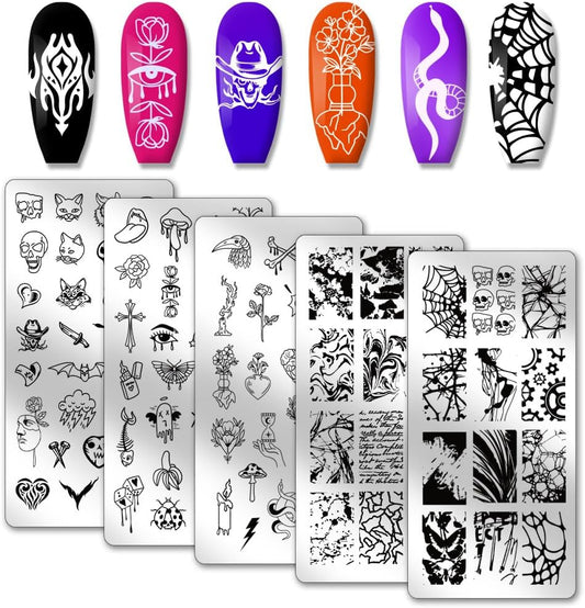 PH PandaHall 5pcs Punk Style Nail Stamper, Skull Spider Nail Stamping Plate Nail Art Stencils Print