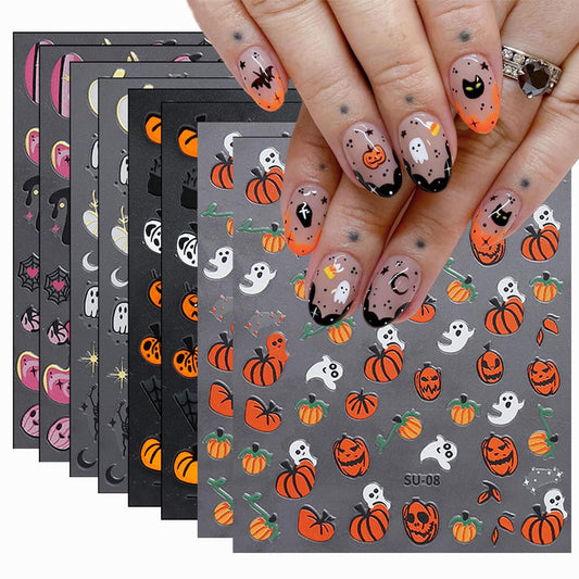 8Sheets Halloween Nail Art Stickers Cute Ghost Pumpkin 3D Self-Adhesive Nail Decals Spider Web