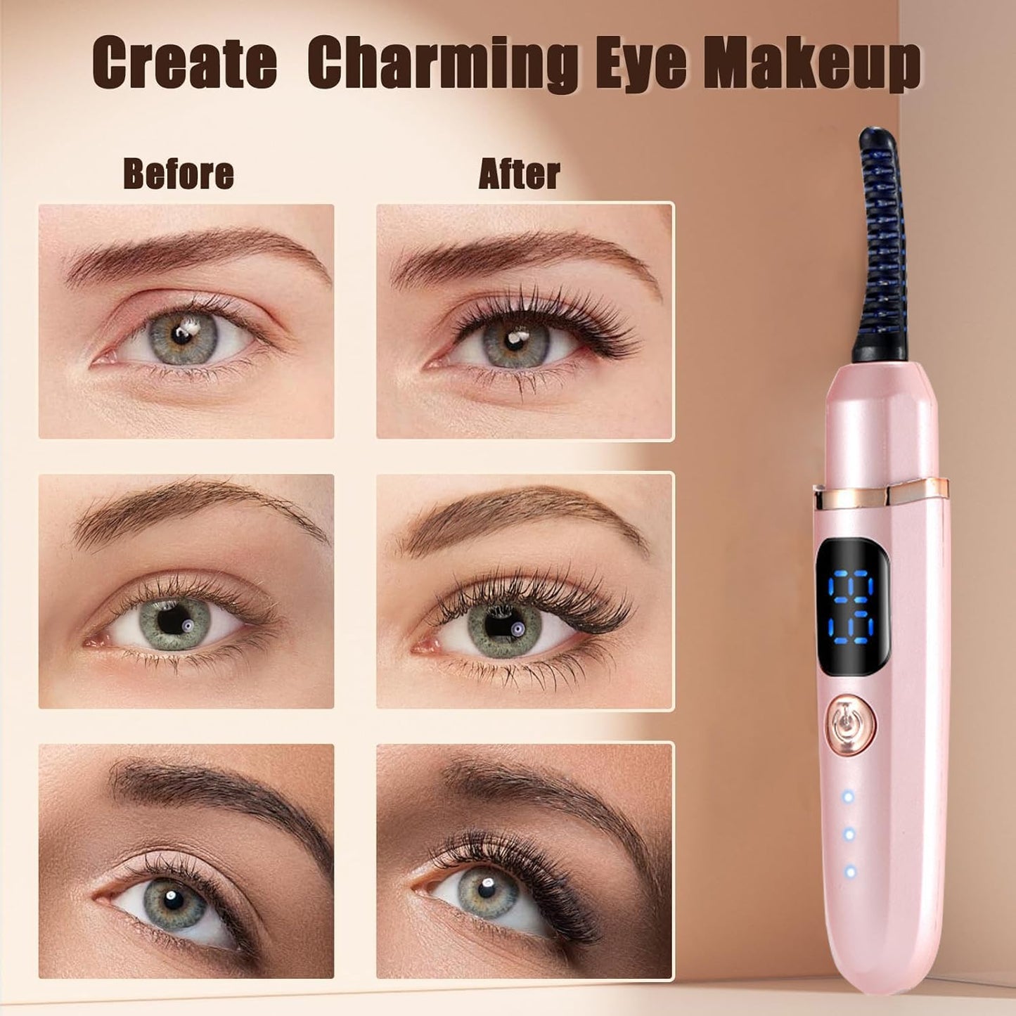 Heated Eyelash Curlers with Battery Indicator, Electric Eyelash Curler 3 Temperature Modes LED Display USB Rechargeable Makeup Tools, Heated Lash Curler Ideal Christmas Gift for Women (Pink)