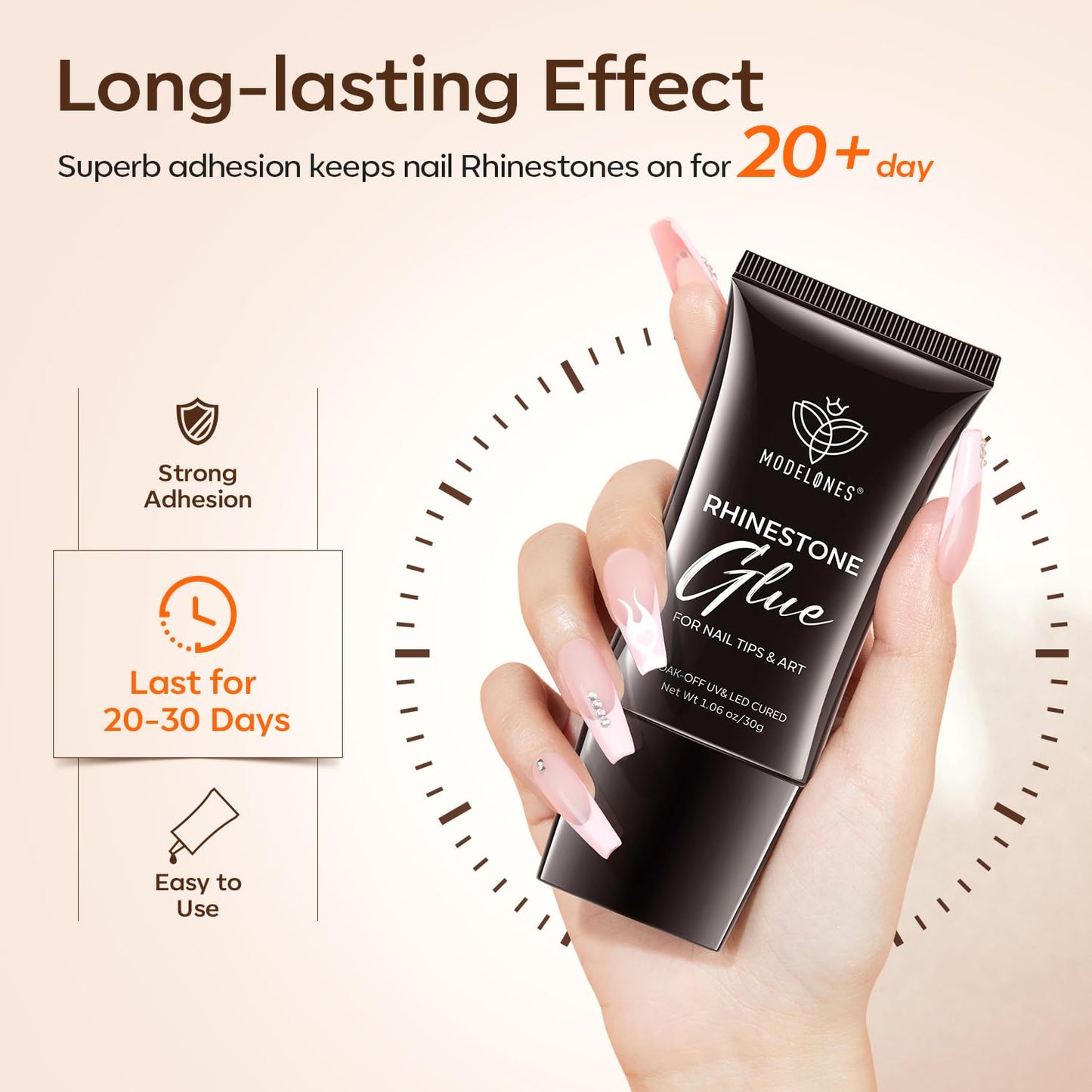 Modelones Manicure Tables Supports Growth 4-in-1 Rhinestone Glue - Super Strong for Press On Nails, Gems, Charms & Rhinestones, No Wipe Nail Art Glue, 30g Cured Needed