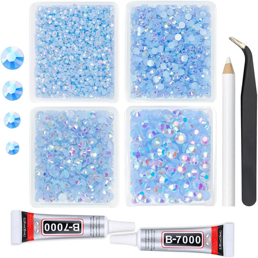 Light Blue AB Resin Rhinestones w B7000 Jewelry Glue for Bedazzling Crafting 3mm-6mm Flatback Jelly