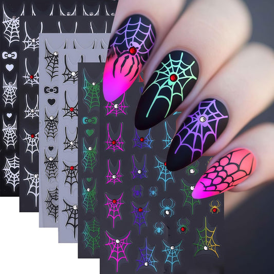 6 Sheets Shining Crystal Diamond Spider Web Nail Stickers for Nail Art Self-Adhesive Halloween Nail