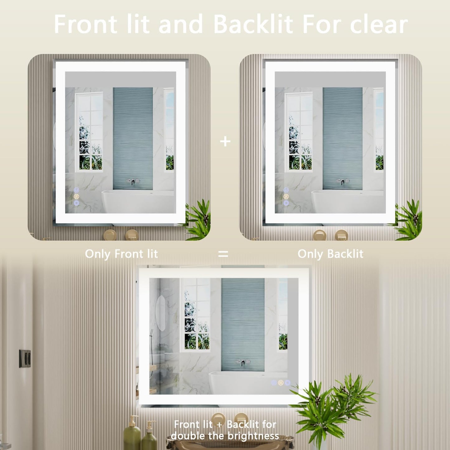 32"x 40" LED Bathroom Mirror, 3 Colors Vanity Mirror with Lights, Front and Backlit Bathroom Mirror with Lights, LED Smart Mirror for Wall, Tempered Glass, Anti-Fog, Stepless Dimmable, Memory(UL ETL)