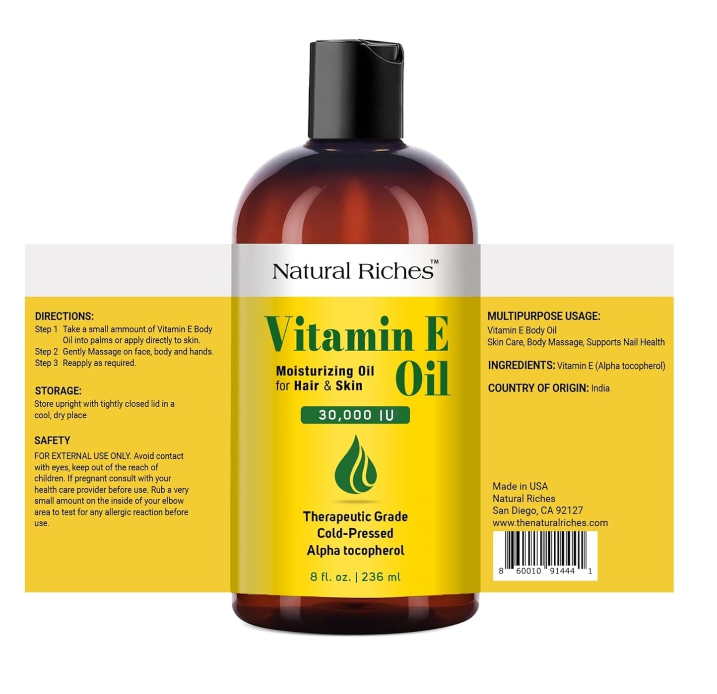 Natural Riches Vitamin E Oil | 100% Pure and Natural Cold Pressed Vitamin E oil for Skin, Scars, Face, Nails, Hair, Scalp 30,000 IU Non-GMO Verified Hair & Body Oil :8 Fl Oz