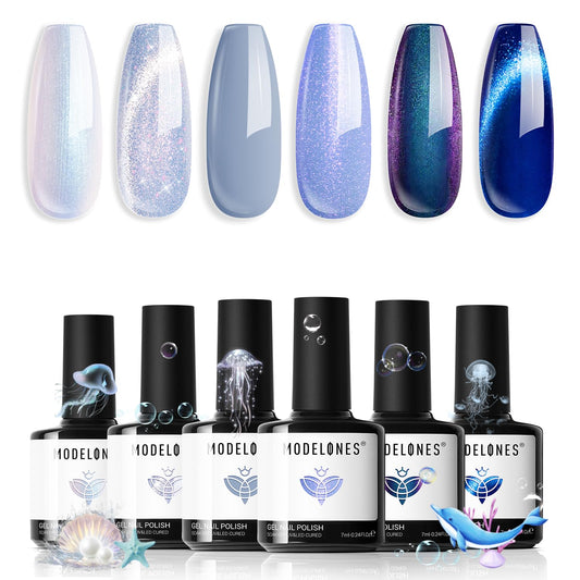 modelones Gel Nail Polish Set, 6 Colors Fall Winter Icy Blue Collection Glitter Gel Polish Galaxy White Dark Blue 9D Cat Eye Nail Polish with Magnet Soak Off Led Nail Art Kit Salon DIY Gift
