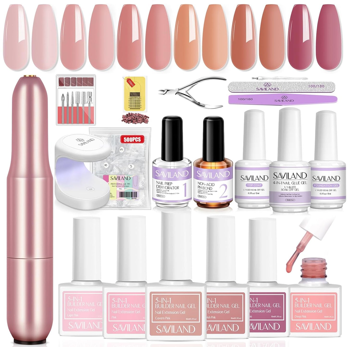 SAVILAND Builder Nail Gel Kit with Nail Drill: Castor Oil Vitamin E Builder Nail Gel in a Bottle 6 Colors 10 ml Hard Gel for Nails Strengthener Extension Gel Mini UV Lamp Nail Glue Gel Home Nail Salon