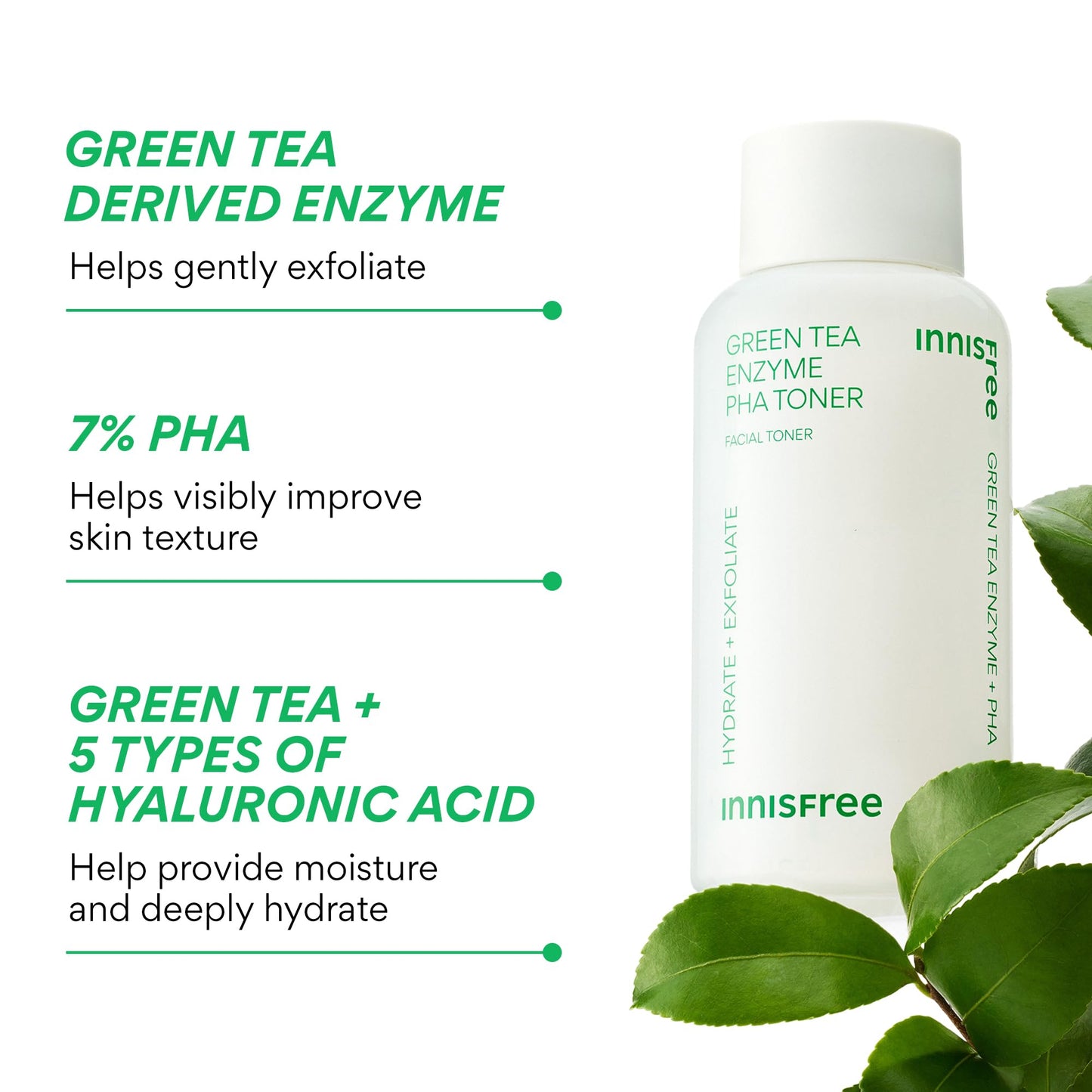 innisfree Green Tea Enzyme PHA Toner | Hydrating Korean Exfoliating Essence with Hyaluronic Acid