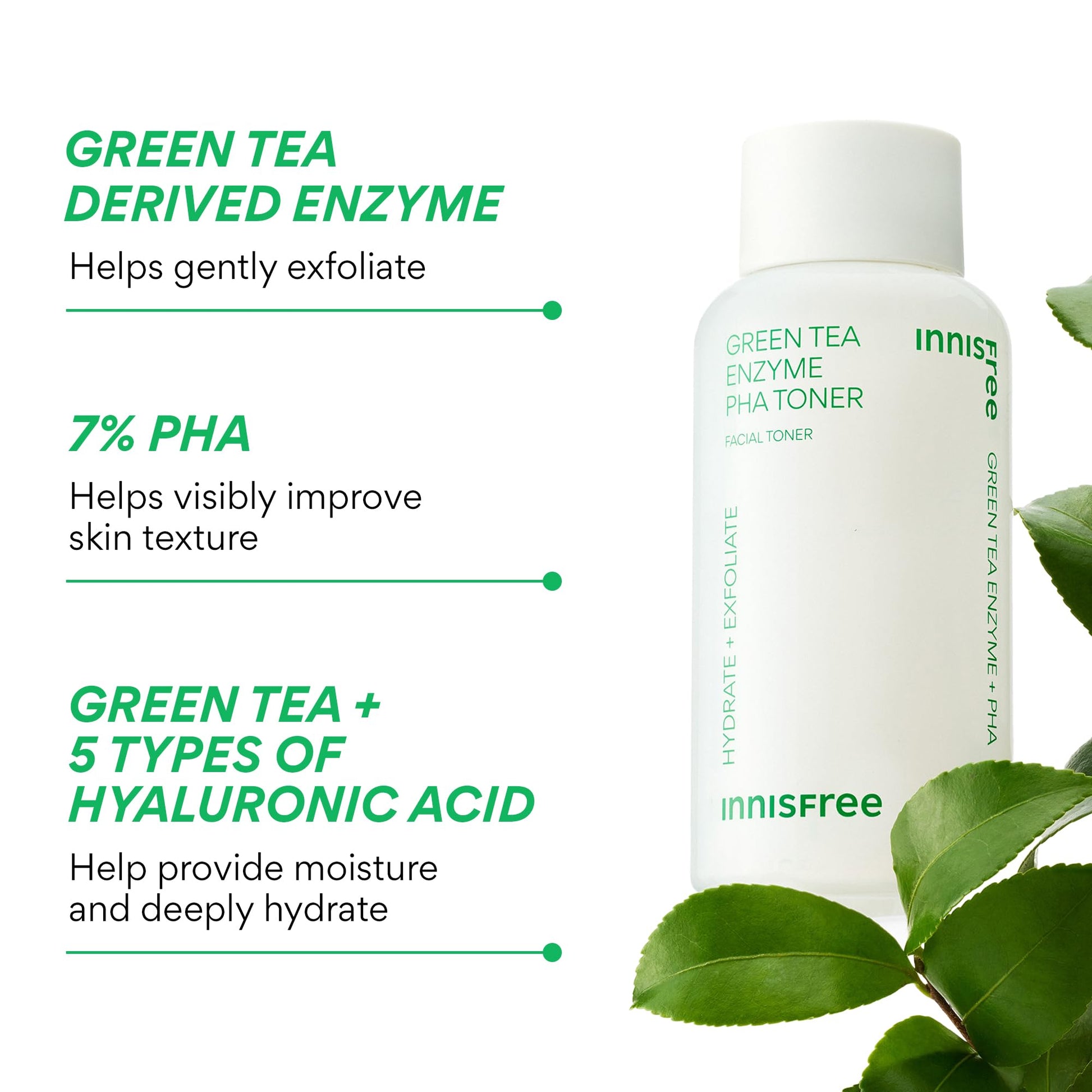 innisfree Green Tea Enzyme PHA Toner | Hydrating Korean Exfoliating Essence with Hyaluronic Acid