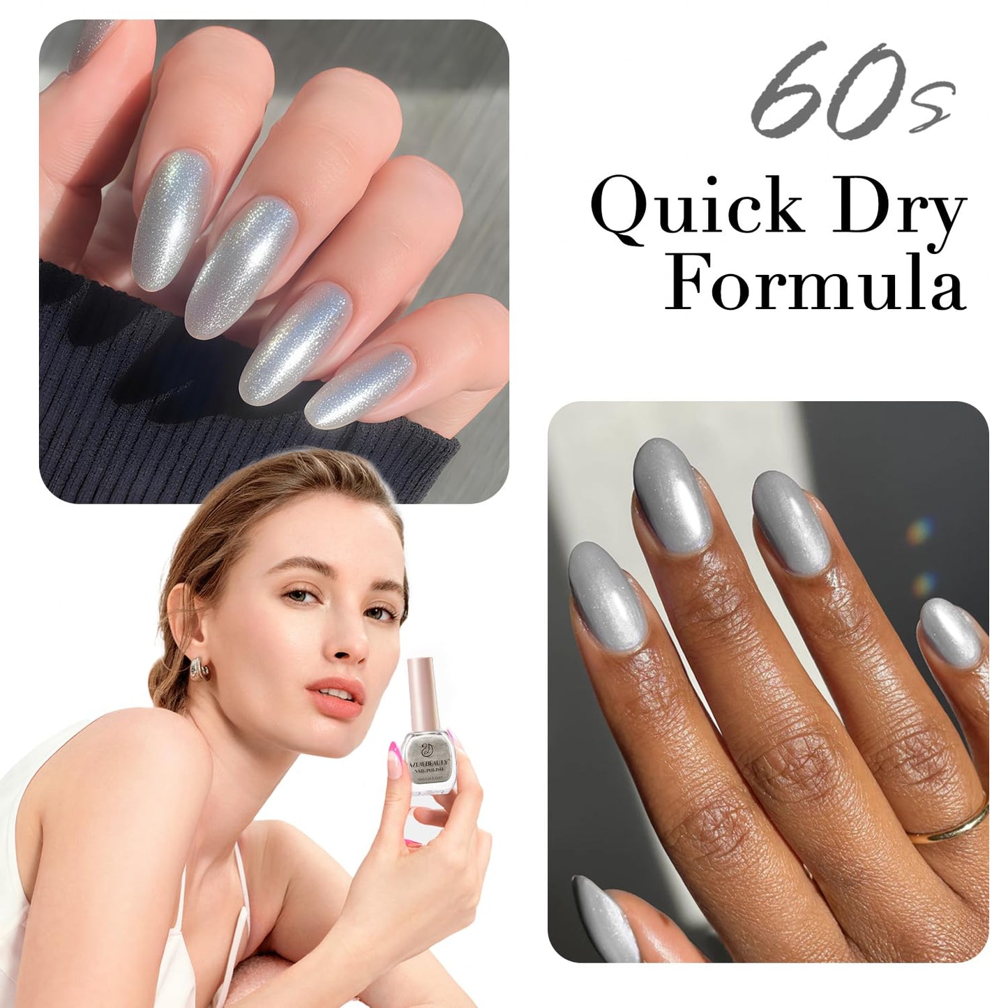 AZUREBEAUTY Silver Glitter Nail Polish Metallic Fast Drying Natural Shine Nail Lacquer Fingernail Polish Salon-Quality for Women 10ml