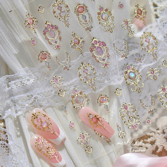 5D Embossed Retro Mirror Nail Stickers Metallic Retro Totem Nail Decals Vintage GEM Necklace Nail