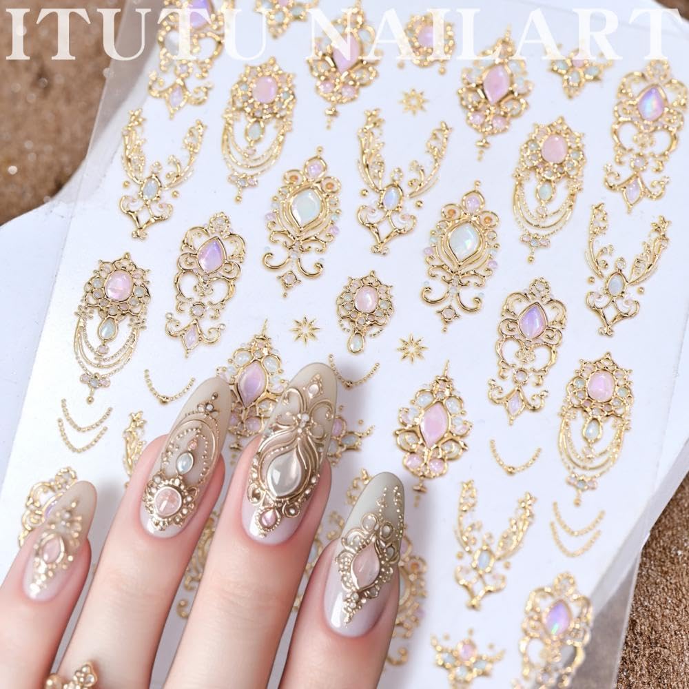 1 Sheet 5D Self-Adhesive Gem Nail Stickers Vintage Style Totem Nail Supplies 5D Embossed Gold Necklace Nail Decals Pink Diamond Nails Designs Baroque Scepter Nails Art Decoration for Women Manicure