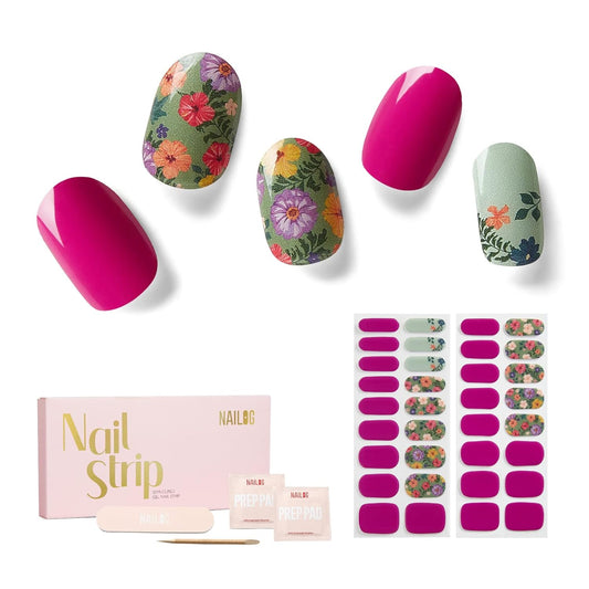 Nailog Semi Cured Gel Nail Strips 34 pcs| Long Lasting Nail Polish Sticker Wraps with Glossy Gel