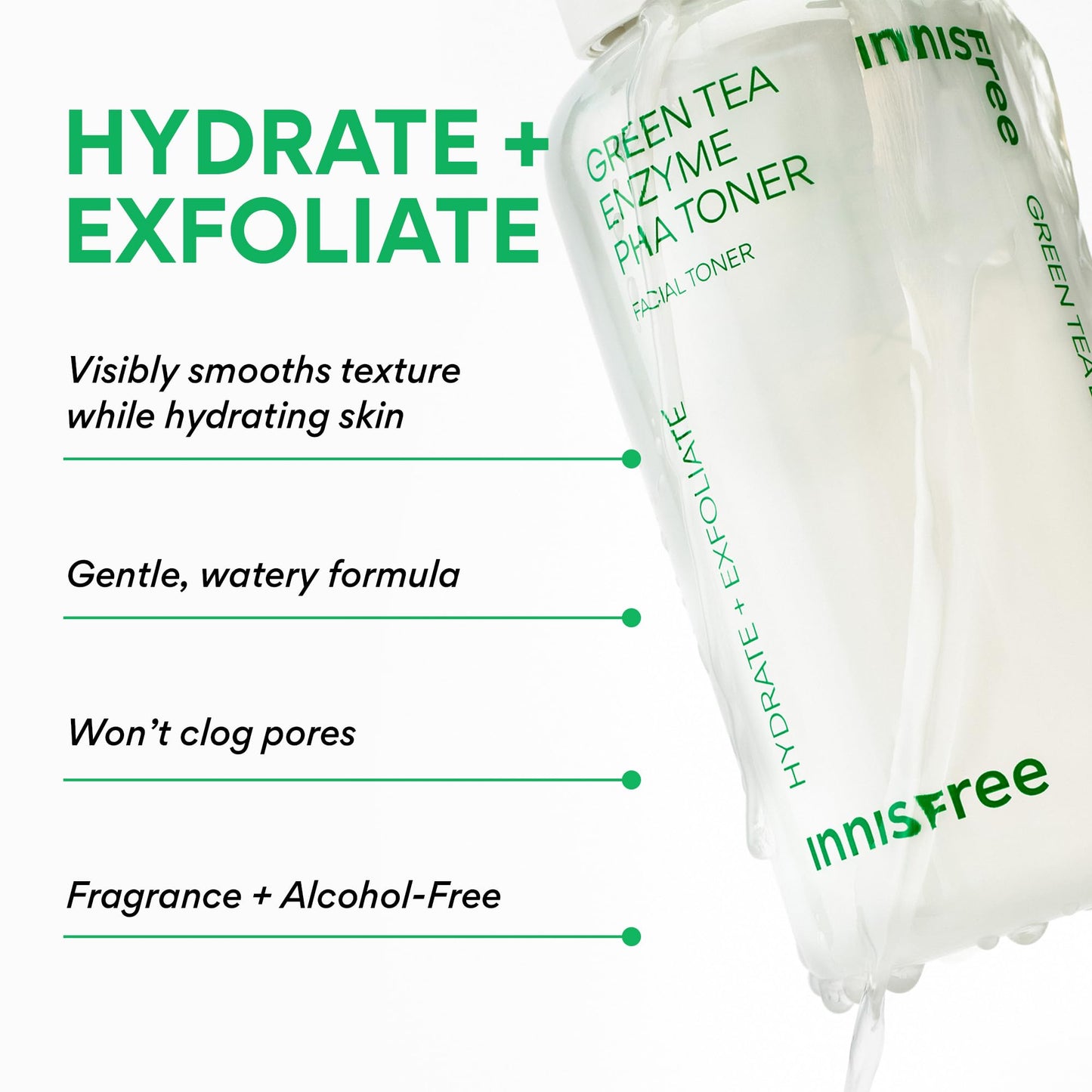 innisfree Green Tea Enzyme PHA Toner | Hydrating Korean Exfoliating Essence with Hyaluronic Acid