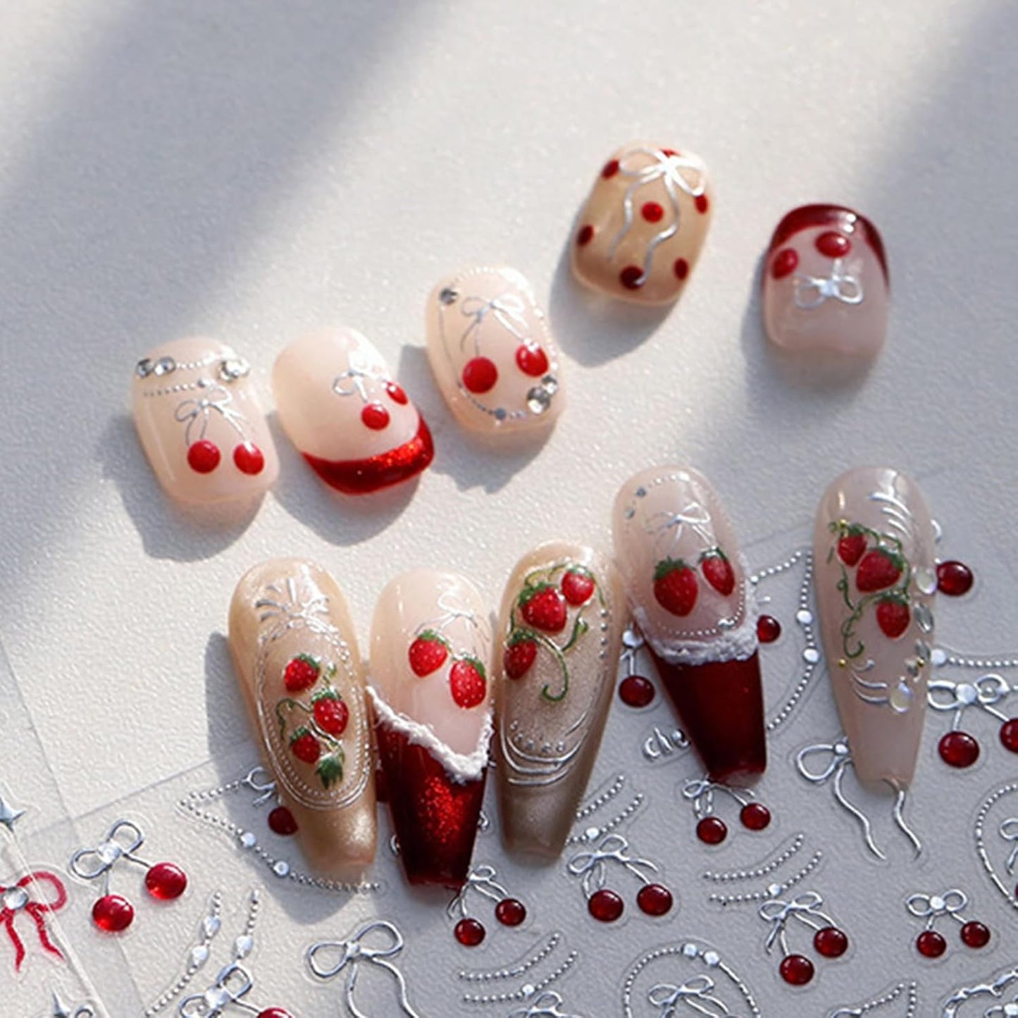 1Sheet Cherry Nail Stickers Summer Nail Decals 5D Embossed Bow Cherry Hot Stamped Gold Bow Heart Shape Star Jelly Design Summer Nails Supplies Pearl Chain Exquisite Nail Decor for Women DIY Manicure