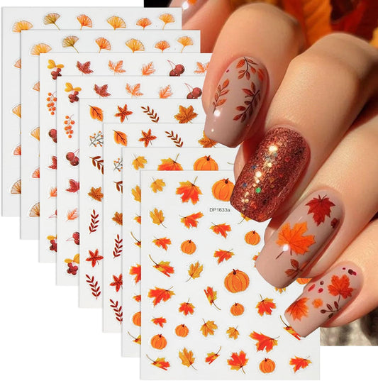 8 Sheets Maple Leaf Nail Stickers Pumpkin Nail Decals Orange Nail Art Stickers Fruit Leaves