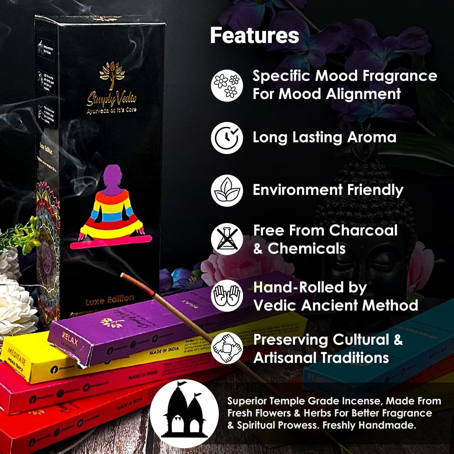 Luxe Incense Sticks Set – 175 Hand-Rolled Natural Incense with Holder | 7 Fragrances: Lavender, Sandalwood, Jasmine, Rose, Vanilla, Patchouli, Indian Temple | Aromatherapy, Meditation, Yoga, Gift