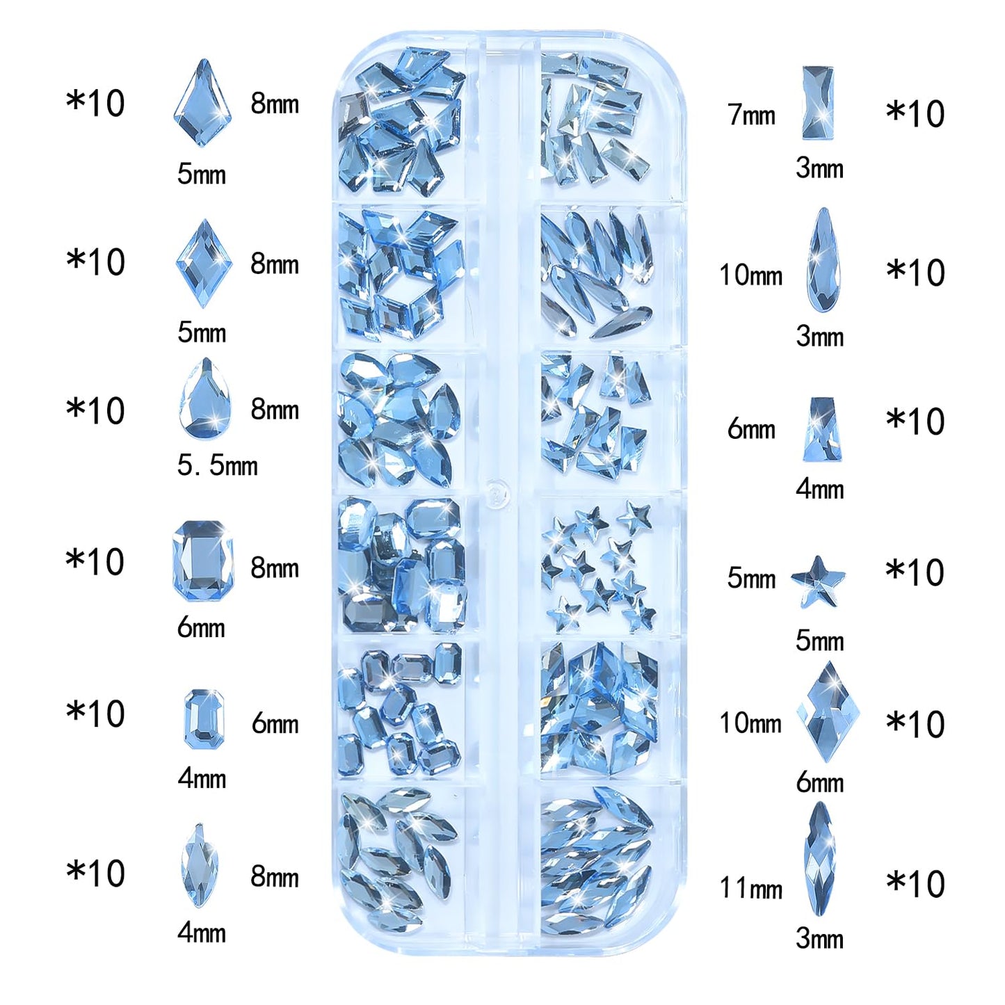 HNUIX Nail Rhinestones - 3D Multi Shape Size Crystal, Light Blue Nail Gems, Flat Back, with Kit, for Nail Art, DIY Decorations