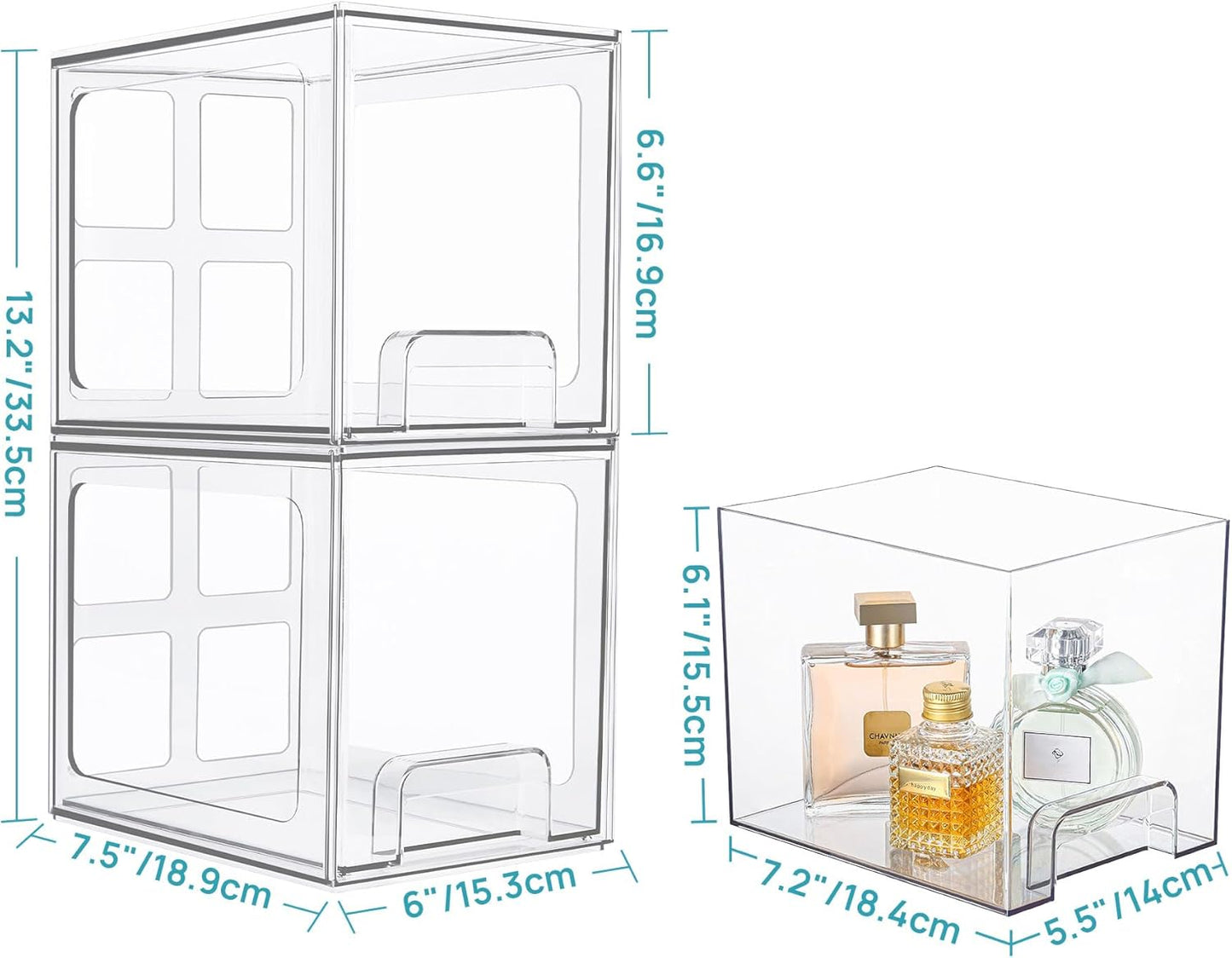 Vtopmart 2 Pack Stackable Storage Drawers, 6.6''Tall Acrylic Bathroom Makeup Organizers,Clear Plastic Storage Bins For Vanity, Undersink, Kitchen Cabinet,Pantry Organization and Storage