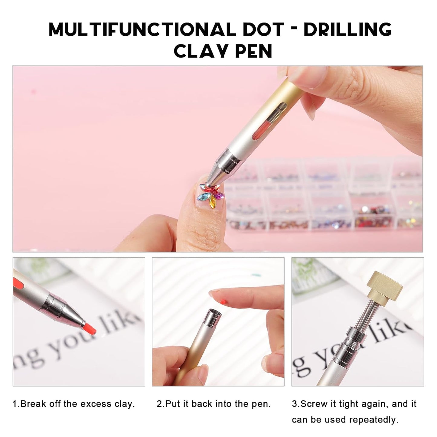 WOKOTO 1 PCS Nail Art Rhinestone Picker Pens With Spare Silicone Clay Tool Yellow&Silver Gradient Rotating Push Nail Diamond Art Painting Dotting Pen Refillable Wax Pen For Nails Gems Picker Tool
