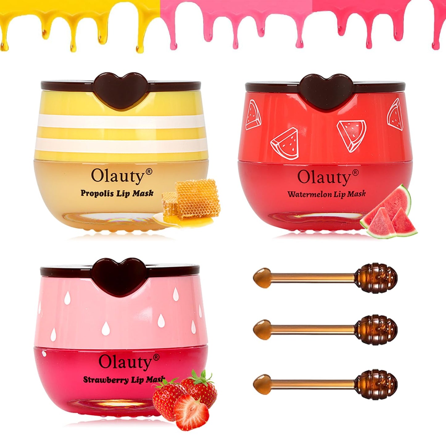 3 PCS Bee Lip Balm Lip Mask Honey Pot,Strawberry&Honey&Watermelon Lip Sleeping Mask,Hydrating Prevention Dry Lip Care,Moisturizing Lip Mask Overnight Reduces Lip Lines