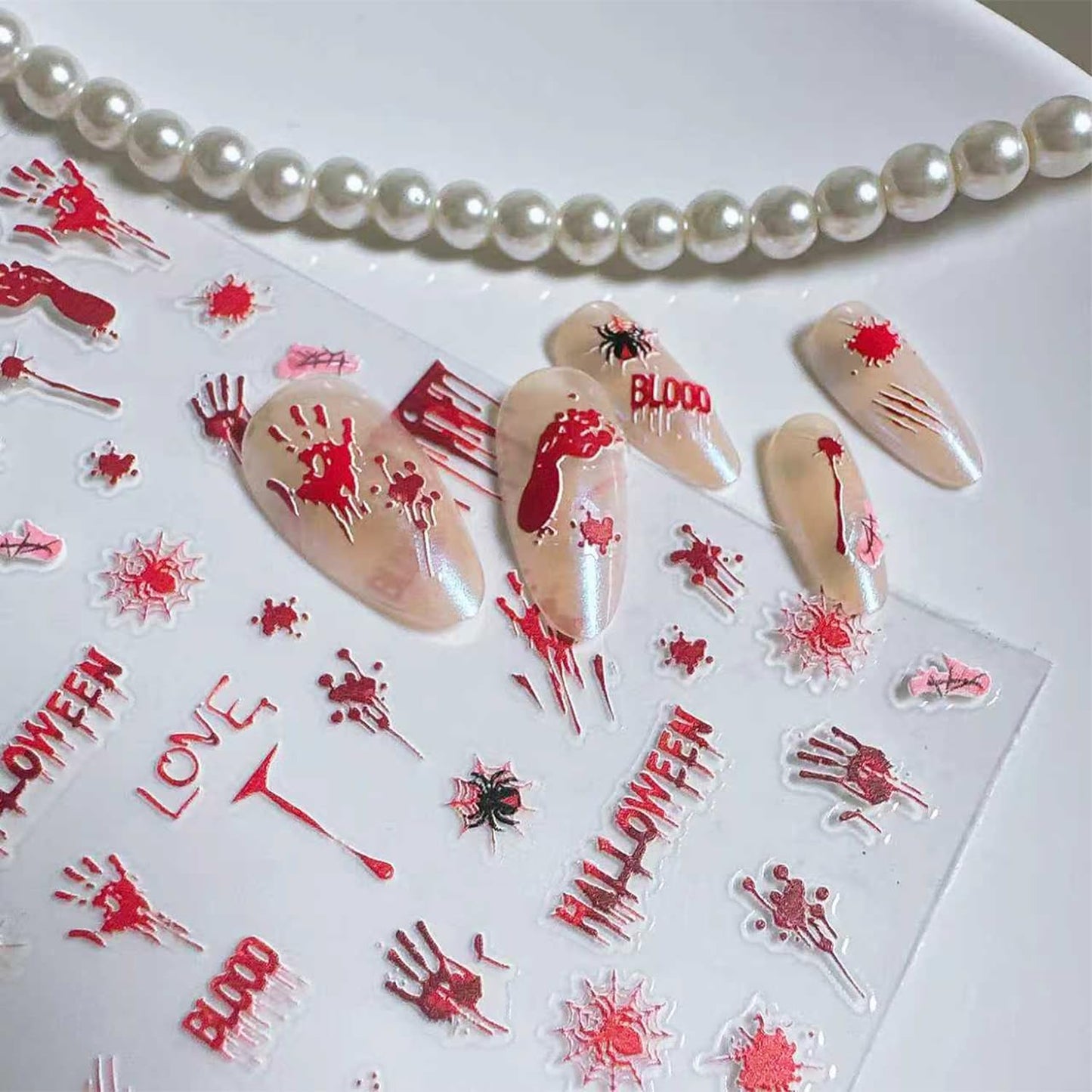 1 Sheets Halloween Nail Decals for Nail Art Horror Bloody Handprint Nail Design Sticker Scary Blood Drop Nail Stickers Bloody Footprints Spider Nail Art Stickers for Women Holiday Nails Decoration