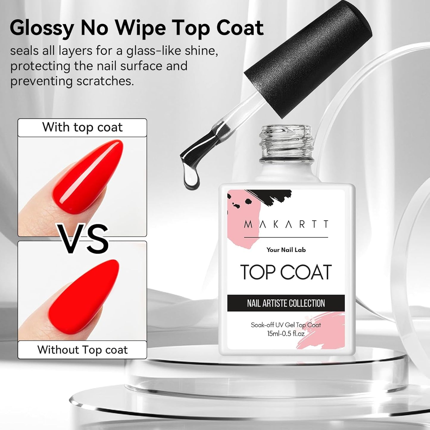 Makartt 15ml No Wipe Gel Top Coat and Peel Off Base Coat Set - 2Pcs Shine Finish Long Lasting No Filing Soak Off Clear Top Base Gel, UV LED Nail Lamp Required, for Women Nail Art DIY