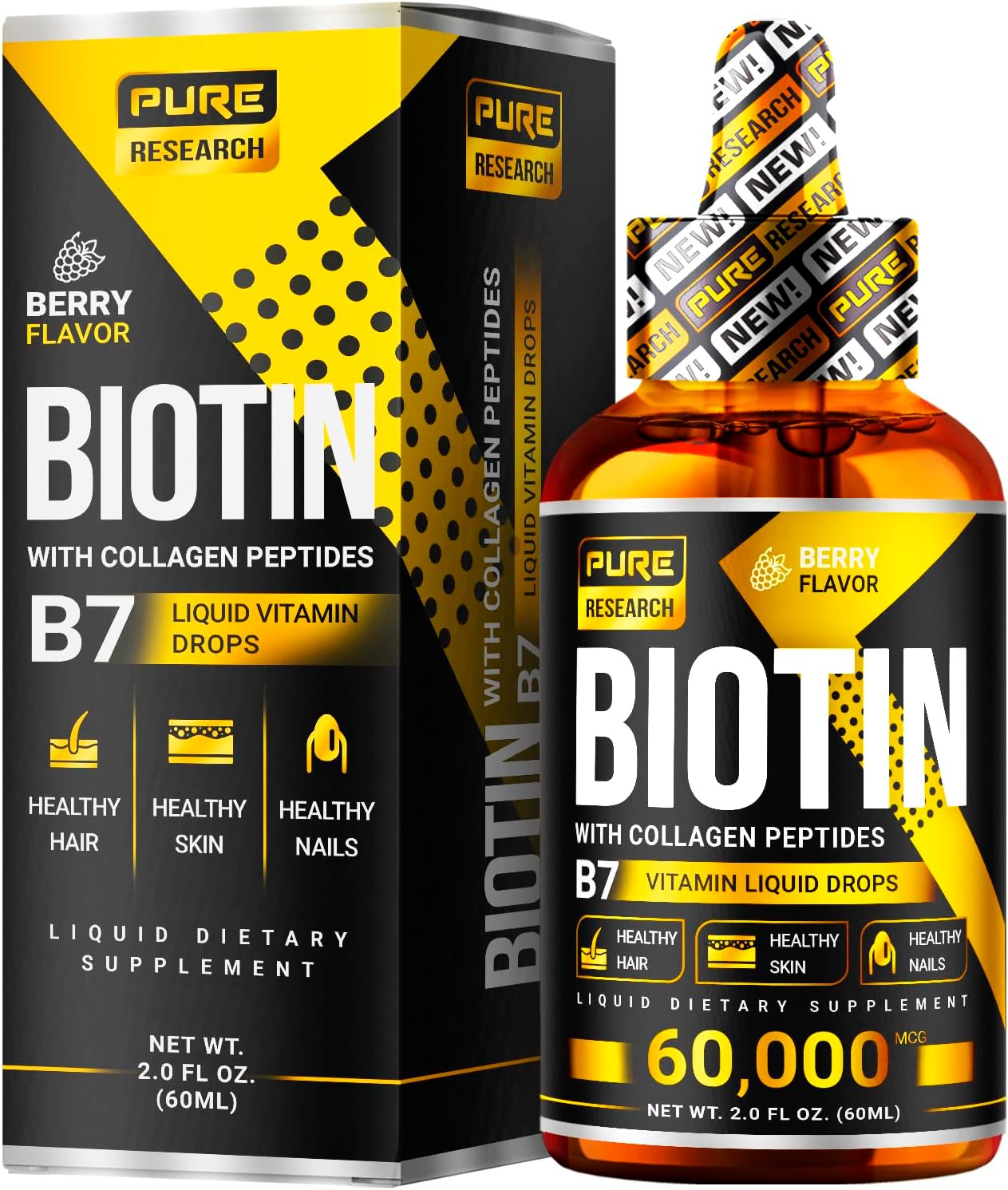 Liquid Biotin & Collagen Hair Growth Drops 60,000mcg - Biotin and Liquid Collagen Supplement for Men & Women - Glowing Skin Support, Healthy Hair & Nail Growth - 2oz