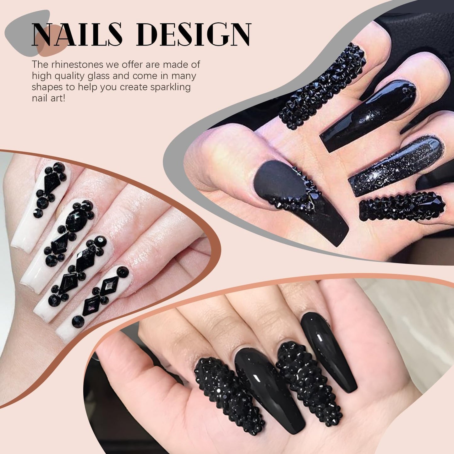 2750Pcs Black Glass Nail Rhinestones 240Pcs Multi Shapes Flatback Nail Gems + 2510Pcs 1.5-4mm Round Crystal, Manicure Nail Charms Diamond Gemstones for Acrylic Nails Decoration