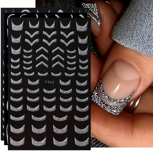 6 Sheets 3D Self-Adhesive French Tip Nail Art Stickers Decals Silver Glitter Nail Stickers Sparkly