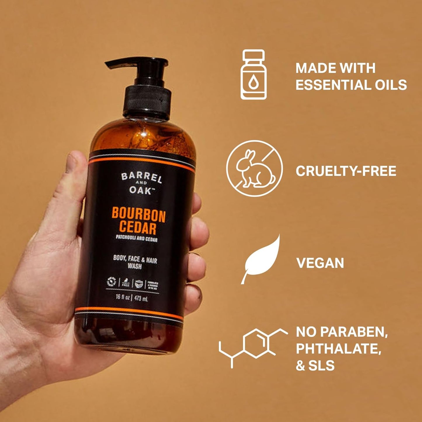 Barrel and Oak - All-In-One Body Wash, Men's Soap for Hair, Face, & Body, Essential Oil-Based Scent, Cedarwood & Bourbon, Vegan (Bourbon Cedar, 16 oz)