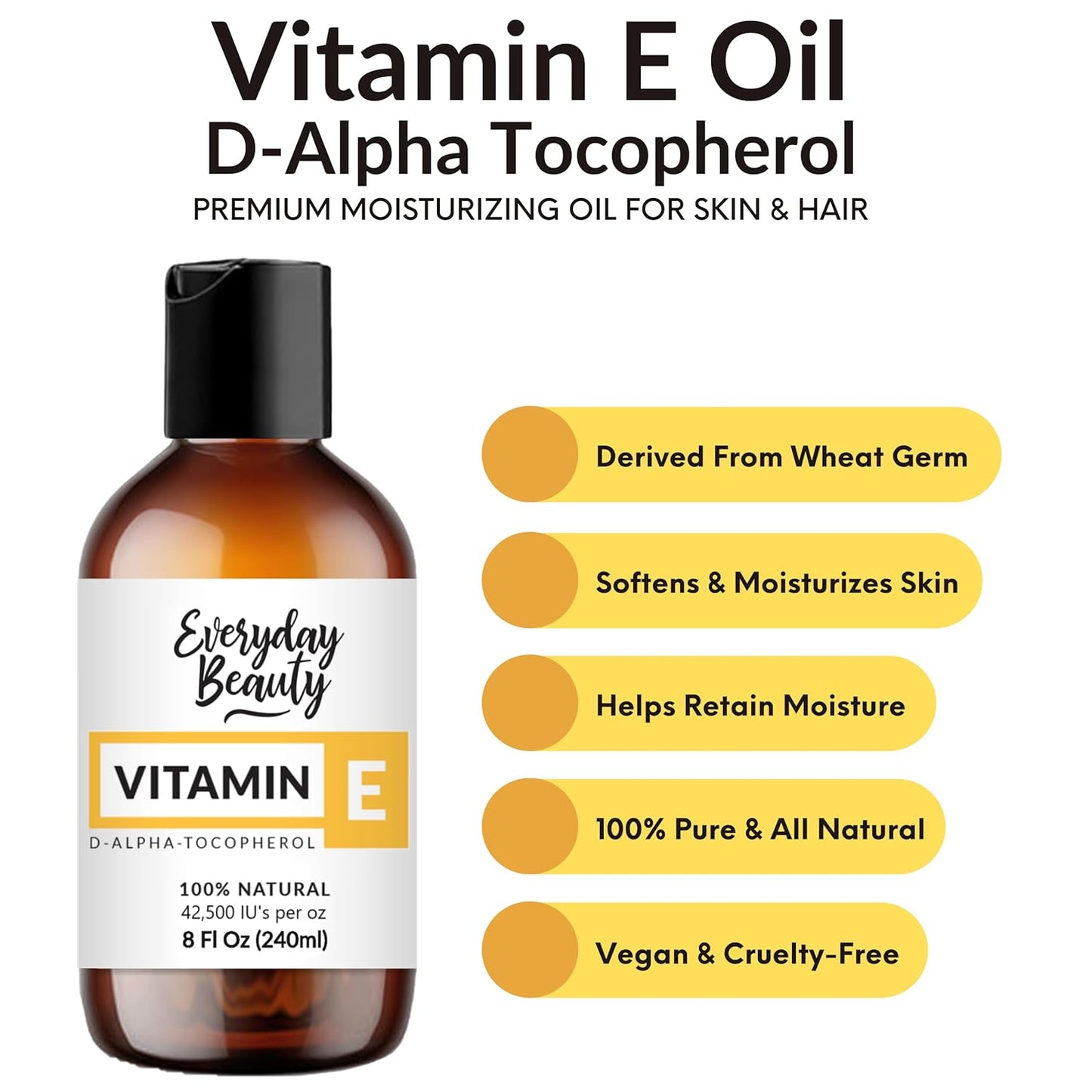 Pure Vitamin E Oil Bulk - 8 oz D-Alpha Tocopherol 100% Pure & All Natural 42,500 IU per oz - Not a Blend, Thick, Amber Color - From Wheat Germ - Face Body Hair - DIY Cosmetics & After Surgery Scars…