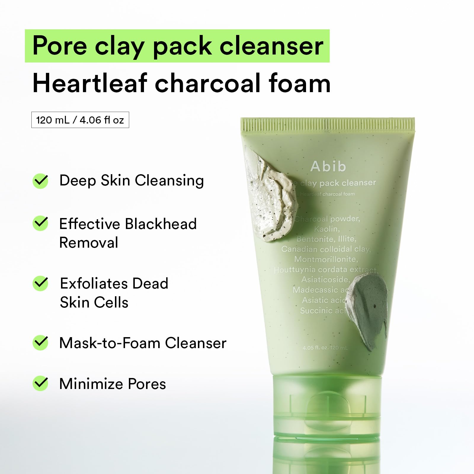 Abib Pore Clay Pack Cleanser Heartleaf Charcoal Foam, 4.05 fl oz, Mousse Form, Oil Control